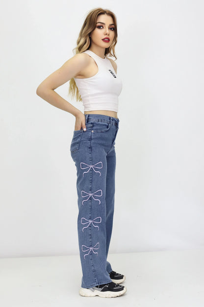 Kadın Kurdele Detaylı Kot Pantolon Mavi - The Velavois