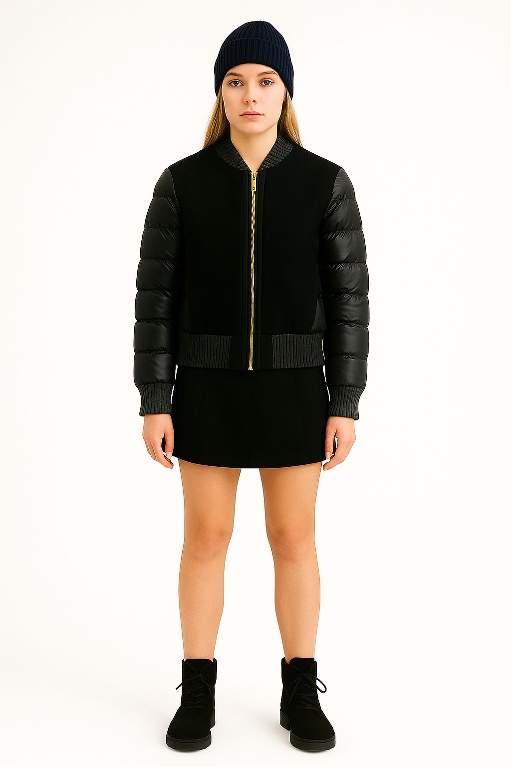 Kadın Yün Detaylı Şişme Mont Siyah - The Velavois