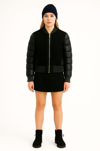 Kadın Yün Detaylı Şişme Mont Siyah - The Velavois