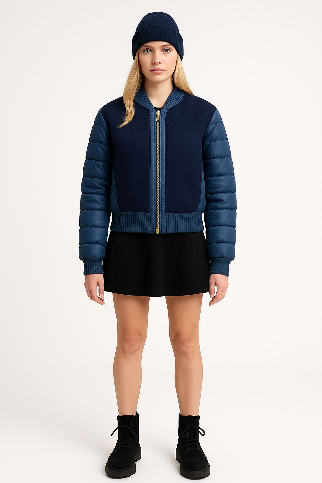 Kadın Yün Detaylı Şişme Mont Mavi - The Velavois