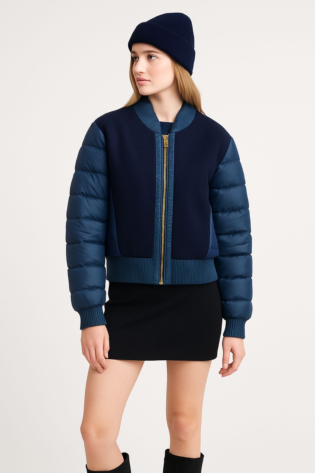 Kadın Yün Detaylı Şişme Mont Mavi - The Velavois