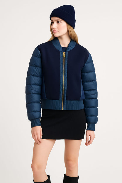 Kadın Yün Detaylı Şişme Mont Mavi - The Velavois