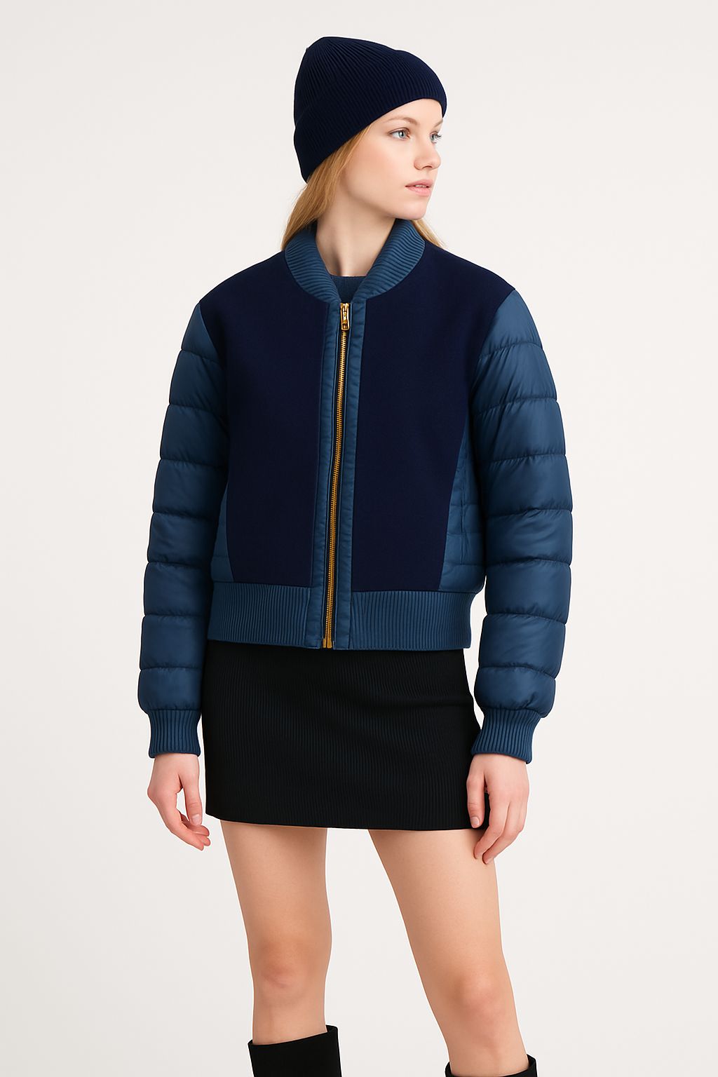 Kadın Yün Detaylı Şişme Mont Mavi - The Velavois