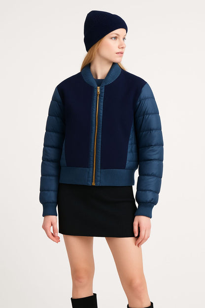 Kadın Yün Detaylı Şişme Mont Mavi - The Velavois