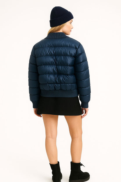 Kadın Yün Detaylı Şişme Mont Mavi - The Velavois