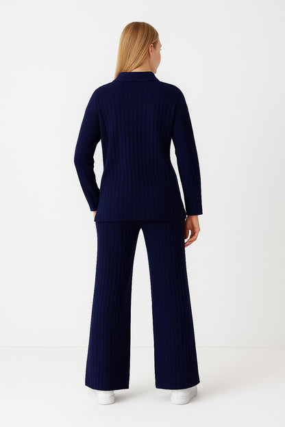 Kadın Fermuar Detaylı Triko Alt Üst Takım Lacivert - The Velavois