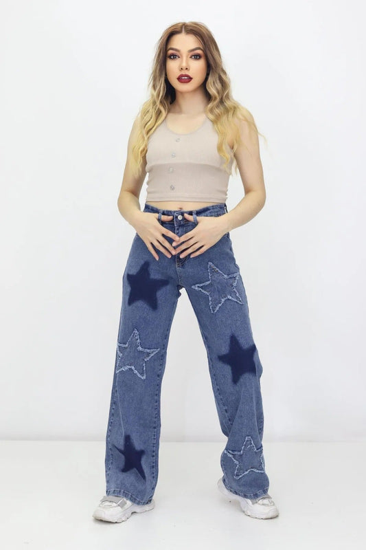 Kadın 6 Yıldız Detaylı Kot Pantolon – Yüksek Bel, Bol Paça, Mom Jeans