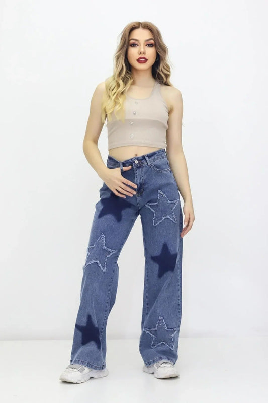 Kadın 6 Yıldız Detaylı Kot Pantolon – Yüksek Bel, Bol Paça, Mom Jeans