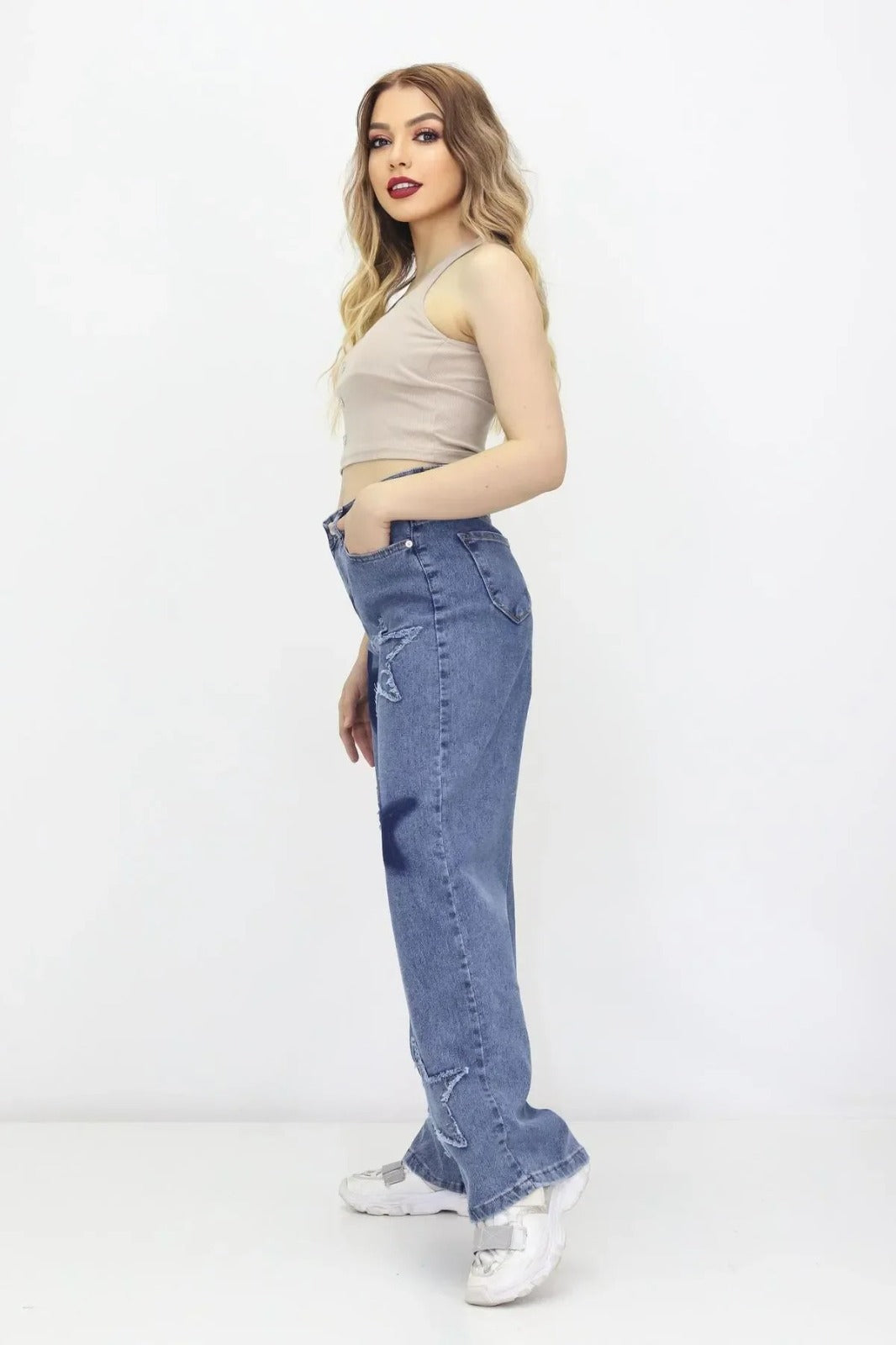 Kadın 6 Yıldız Detaylı Kot Pantolon – Yüksek Bel, Bol Paça, Mom Jeans