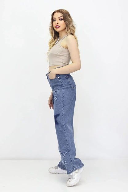 Kadın 6 Yıldız Detaylı Kot Pantolon – Yüksek Bel, Bol Paça, Mom Jeans