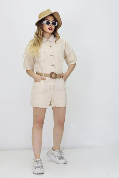 Kadın Keten Şortlu Tulum - The Velavois